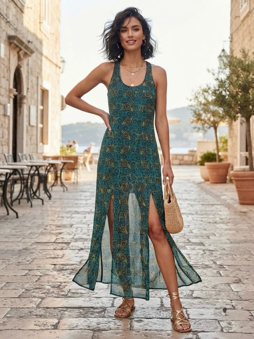 RVCA Green Teal Geometric Front Slits Racerback Maxi Dress Blue Green Boho XS